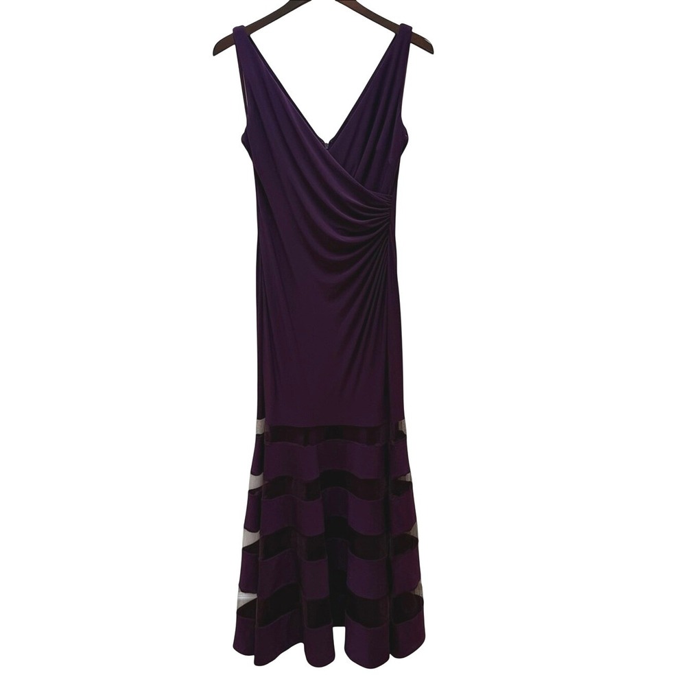 NWT Lauren Ralph Lauren Purple V-Neck Ruched Mesh Tiered Hem Gown Formal Dress 8